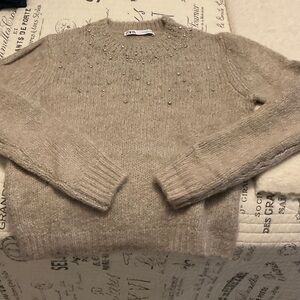 Zara Taupe Beaded Crewneck Sweater size small.